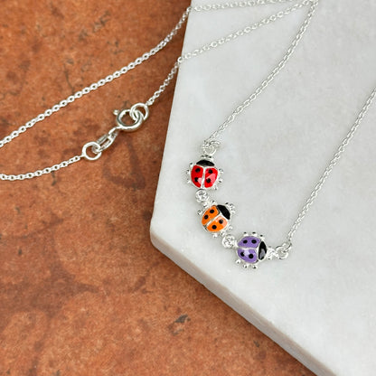 Sterling Silver Red, Orange, Purple Mini Enamel Ladybugs + CZ Necklace 14''