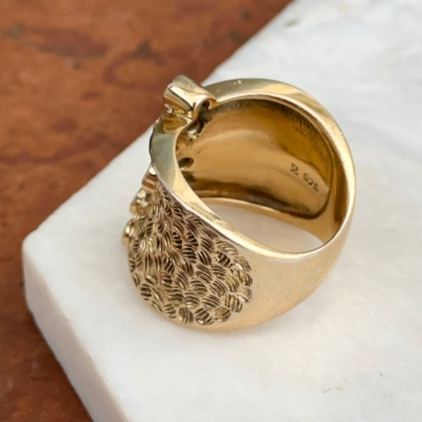 Estate Gold-Plated Sterling Silver Round Emeralds Bezel Textured Ring