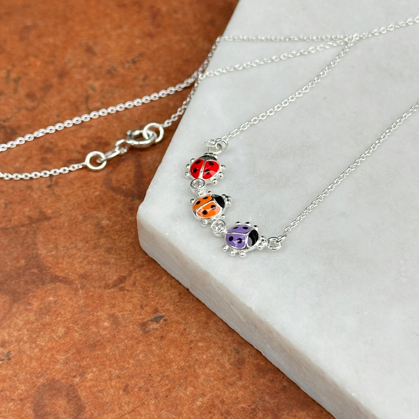 Sterling Silver Red, Orange, Purple Mini Enamel Ladybugs + CZ Necklace 14''