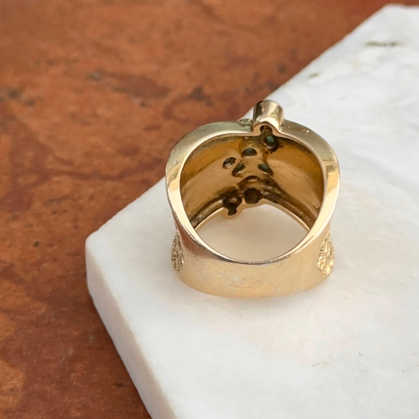 Estate Gold-Plated Sterling Silver Round Emeralds Bezel Textured Ring