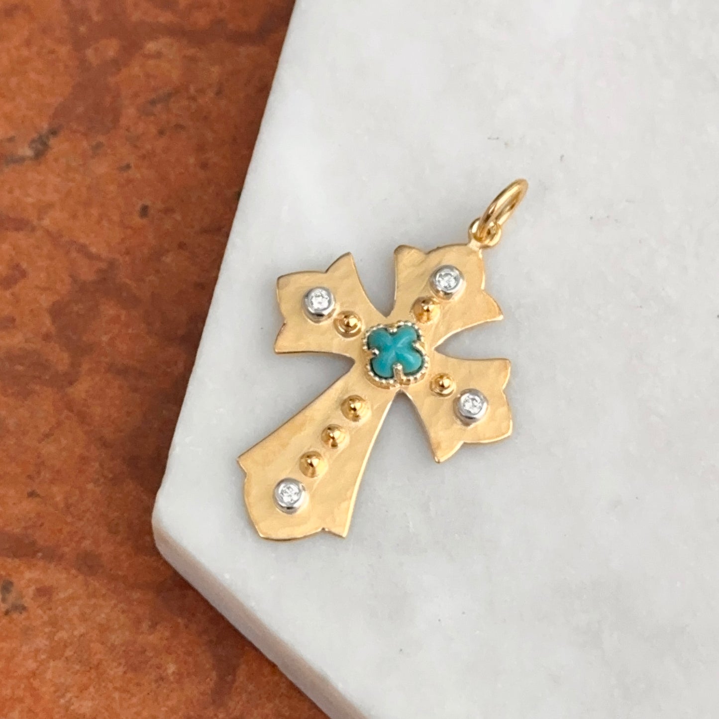 14KT Yellow Gold Matte Turquoise + Diamond Cross Pendant