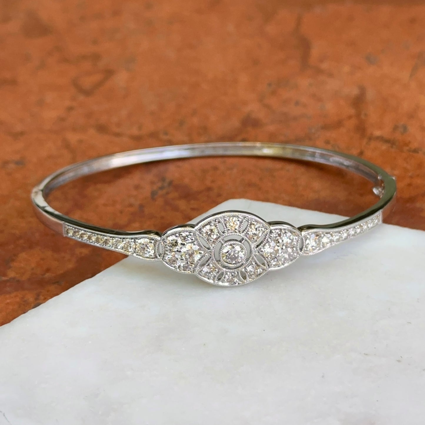 14kT White Gold 2 CT Diamond Filigree Art Deco Bangle Bracelet