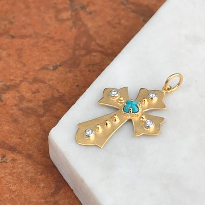 14KT Yellow Gold Matte Turquoise + Diamond Cross Pendant