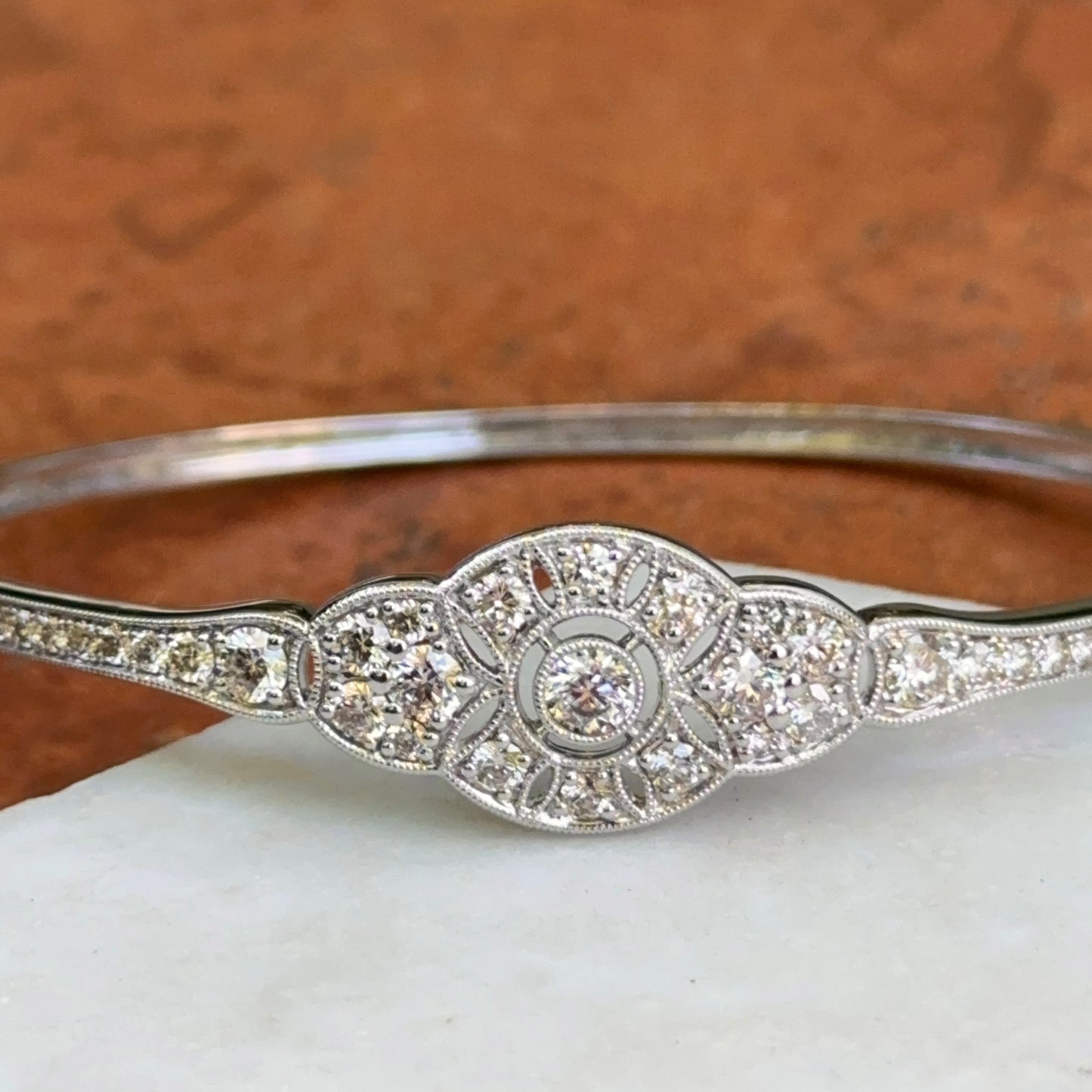 14kT White Gold 2 CT Diamond Filigree Art Deco Bangle Bracelet