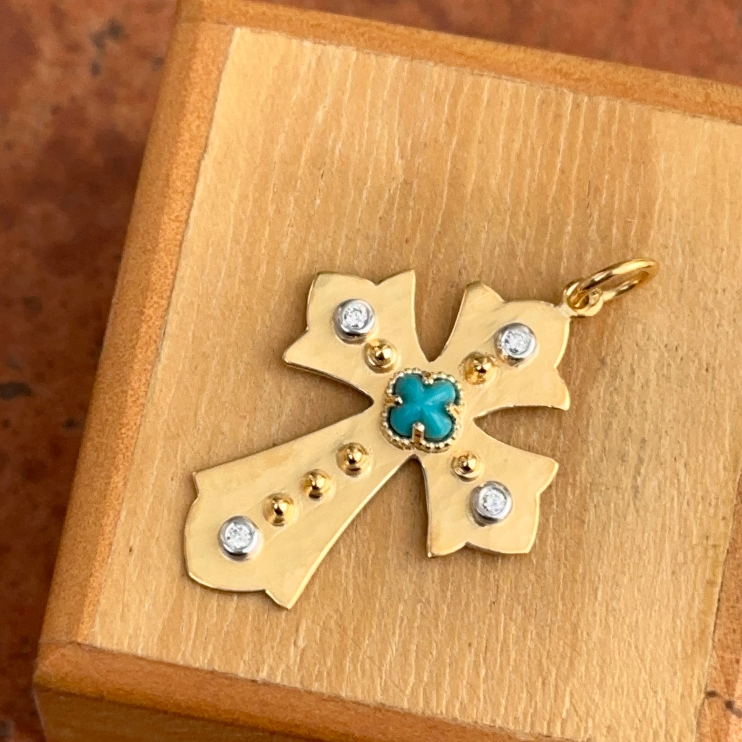 14KT Yellow Gold Matte Turquoise + Diamond Cross Pendant