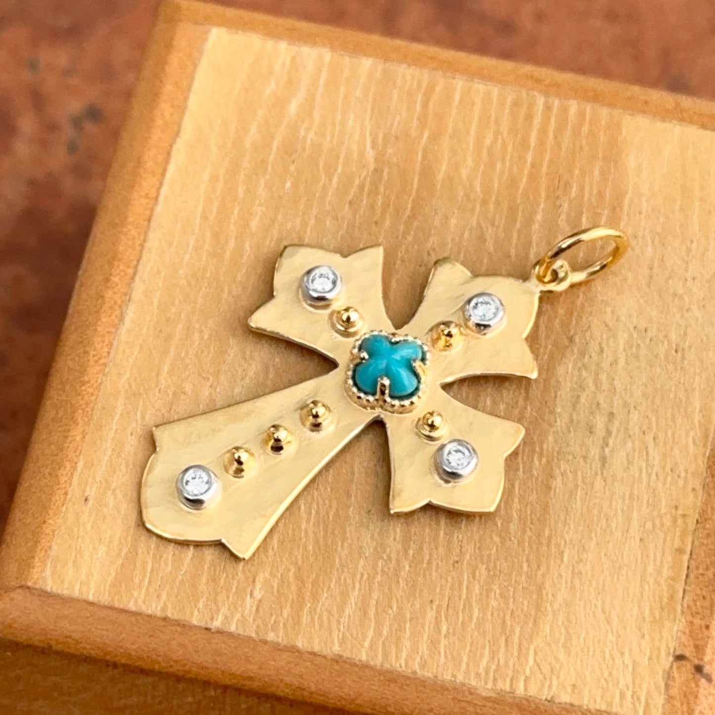 14KT Yellow Gold Matte Turquoise + Diamond Cross Pendant