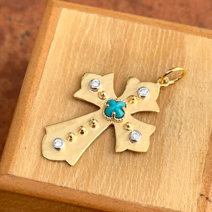 14KT Yellow Gold Matte Turquoise + Diamond Cross Pendant