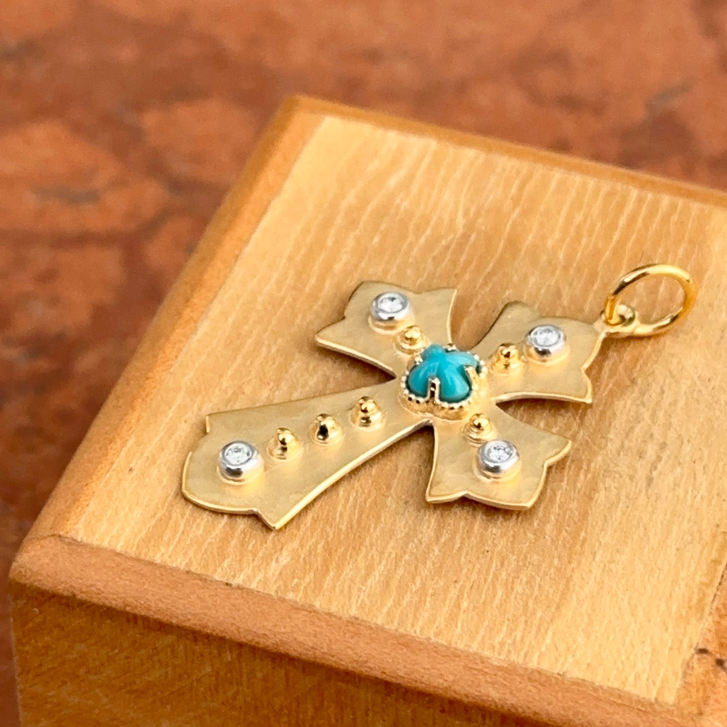 14KT Yellow Gold Matte Turquoise + Diamond Cross Pendant