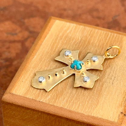 14KT Yellow Gold Matte Turquoise + Diamond Cross Pendant