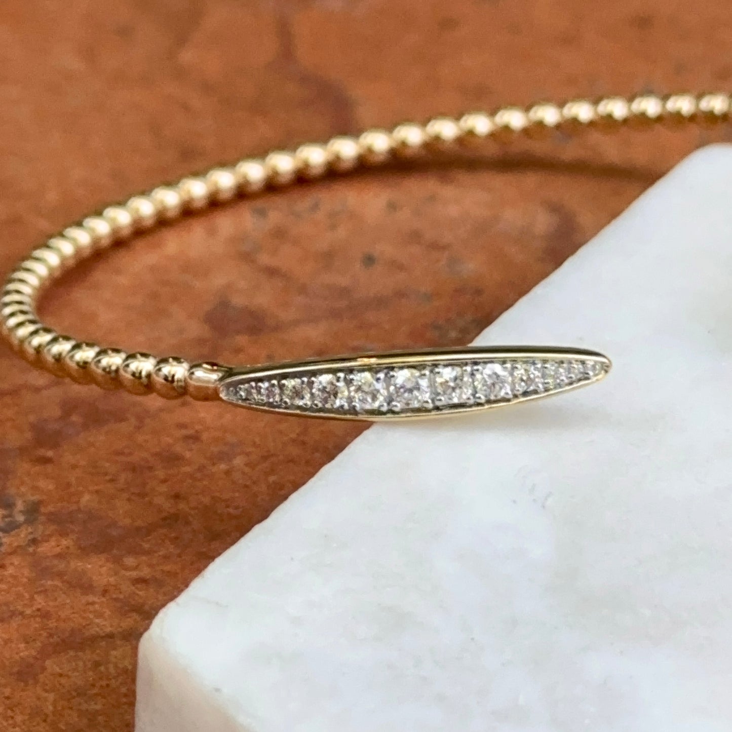 14KT Yellow Gold Diamond Beaded Flex Cuff Bangle Bracelet