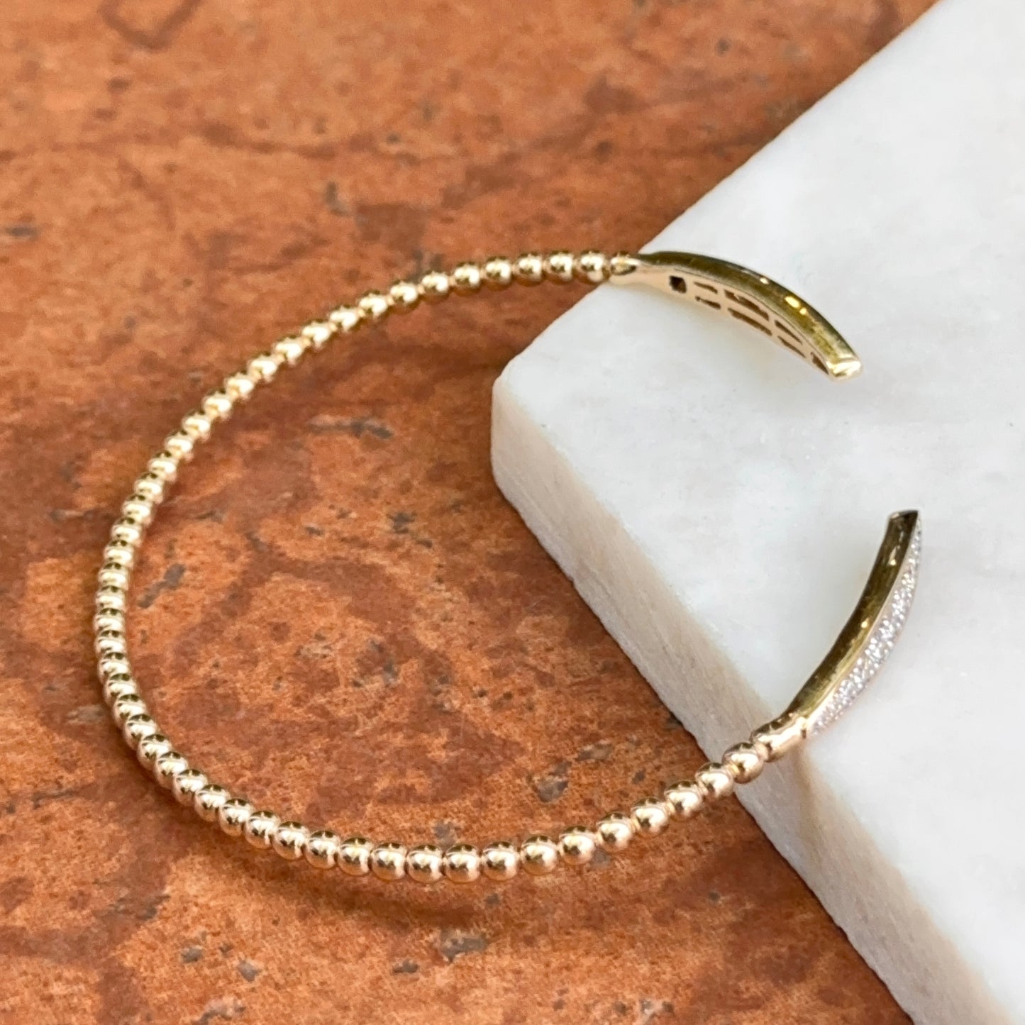 14KT Yellow Gold Diamond Beaded Flex Cuff Bangle Bracelet
