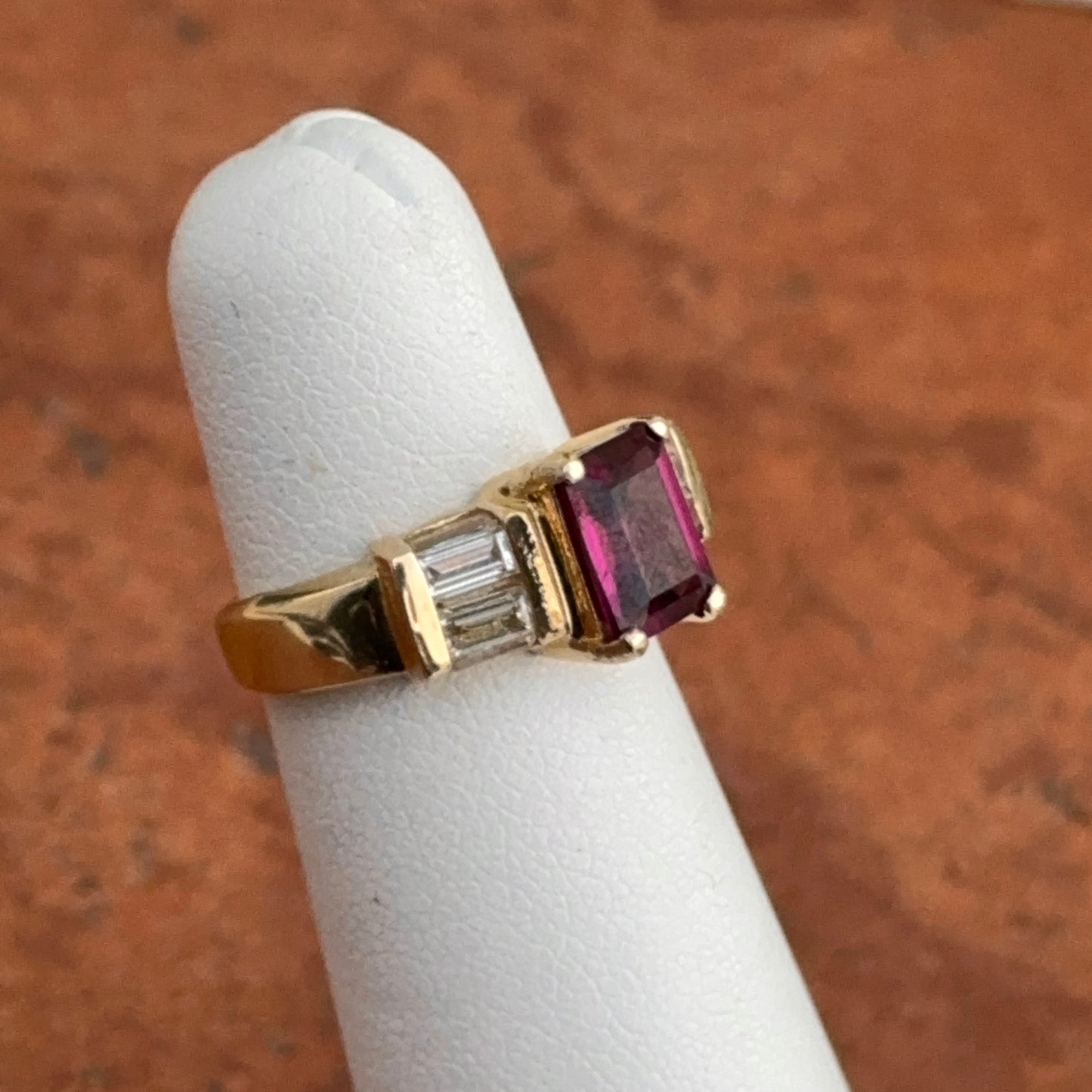 Estate 14KT Yellow Gold Emerald-Cut Pink Tourmaline + Simulated Diamond Ring