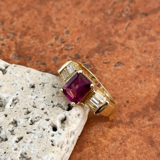 Estate 14KT Yellow Gold Emerald-Cut Pink Tourmaline + Simulated Diamond Ring