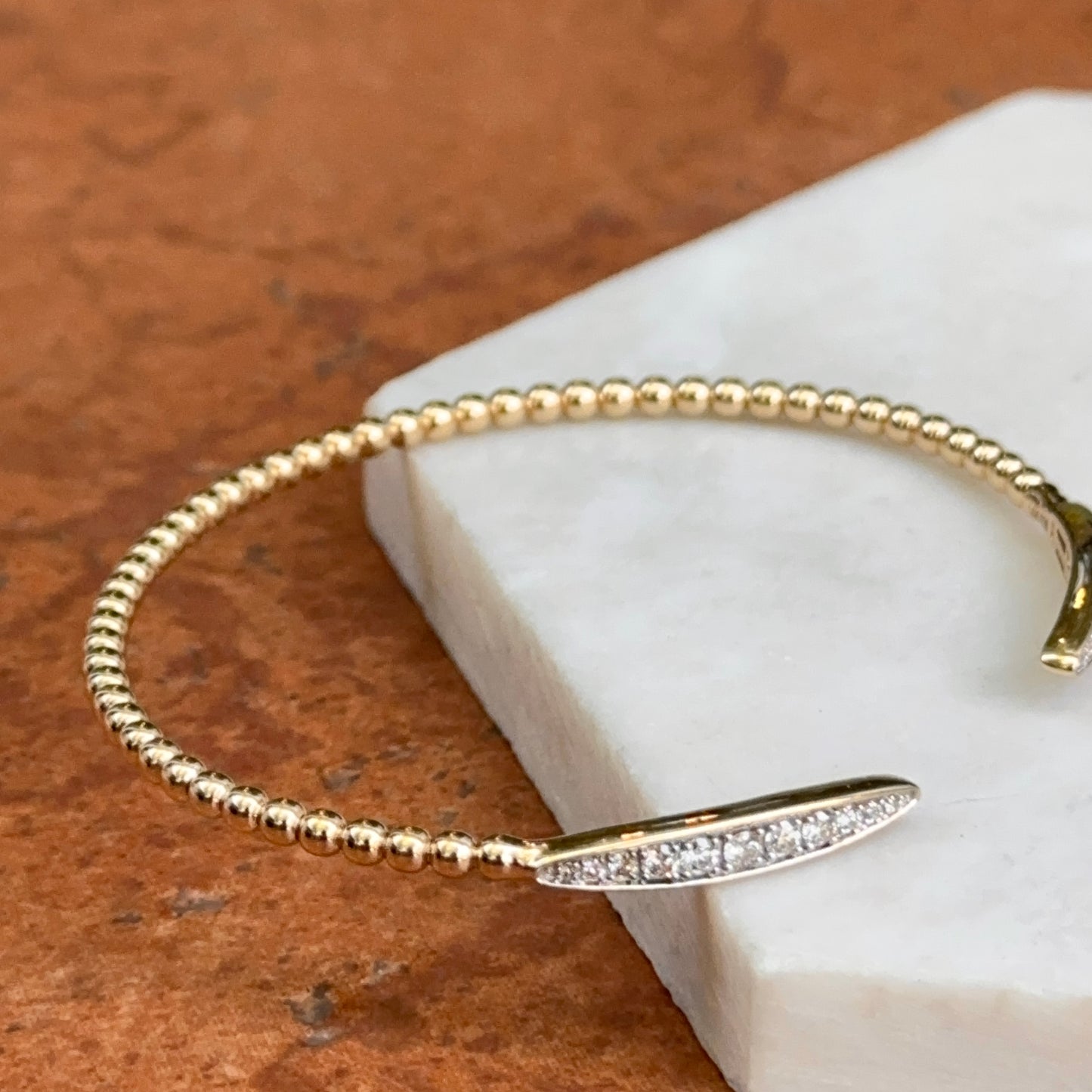 14KT Yellow Gold Diamond Beaded Flex Cuff Bangle Bracelet