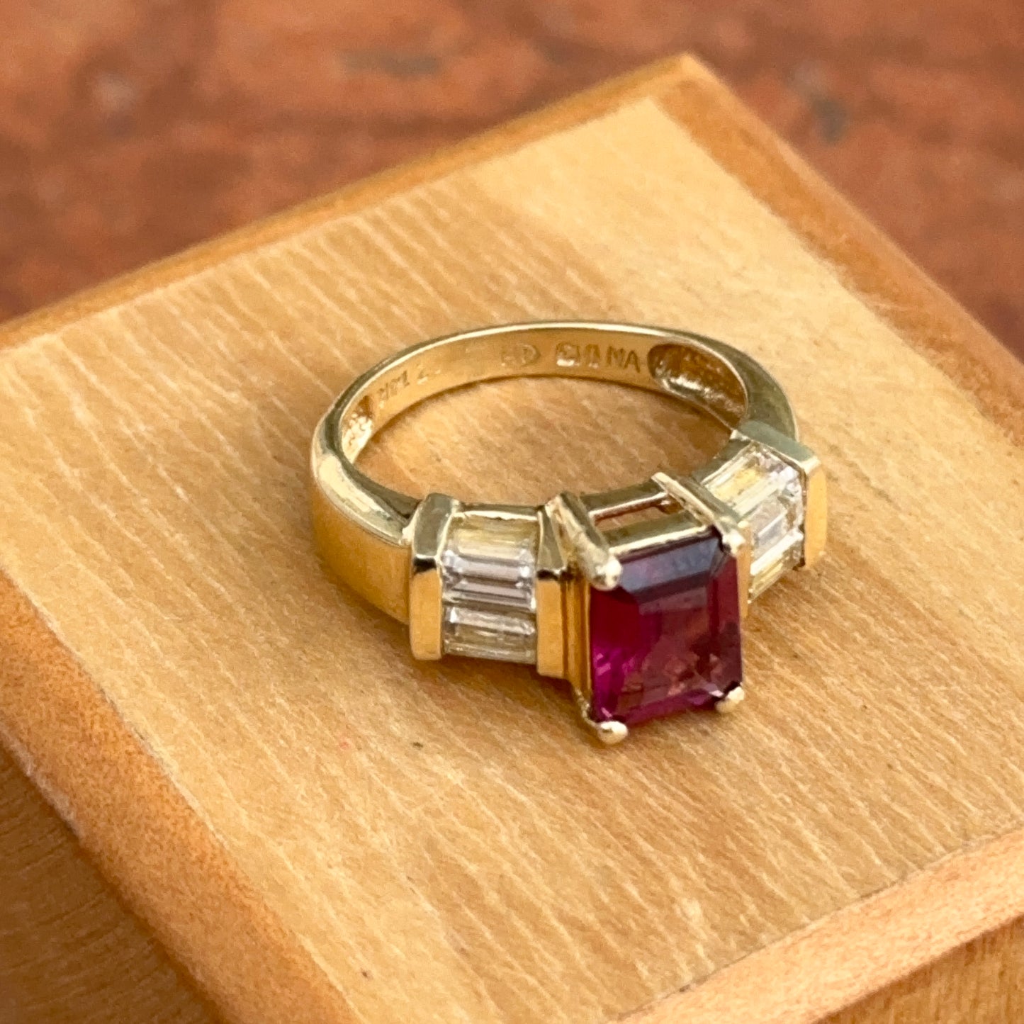 Estate 14KT Yellow Gold Emerald-Cut Pink Tourmaline + Simulated Diamond Ring