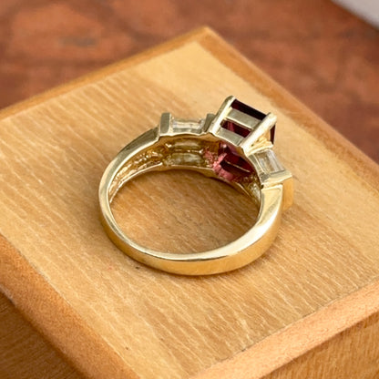Estate 14KT Yellow Gold Emerald-Cut Pink Tourmaline + Simulated Diamond Ring