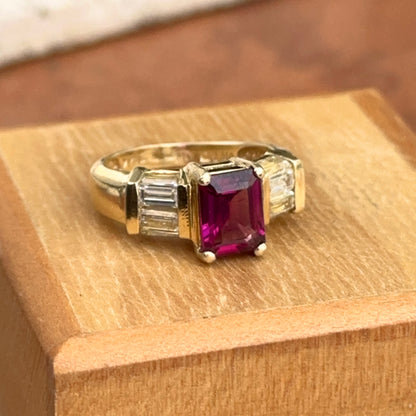Estate 14KT Yellow Gold Emerald-Cut Pink Tourmaline + Simulated Diamond Ring