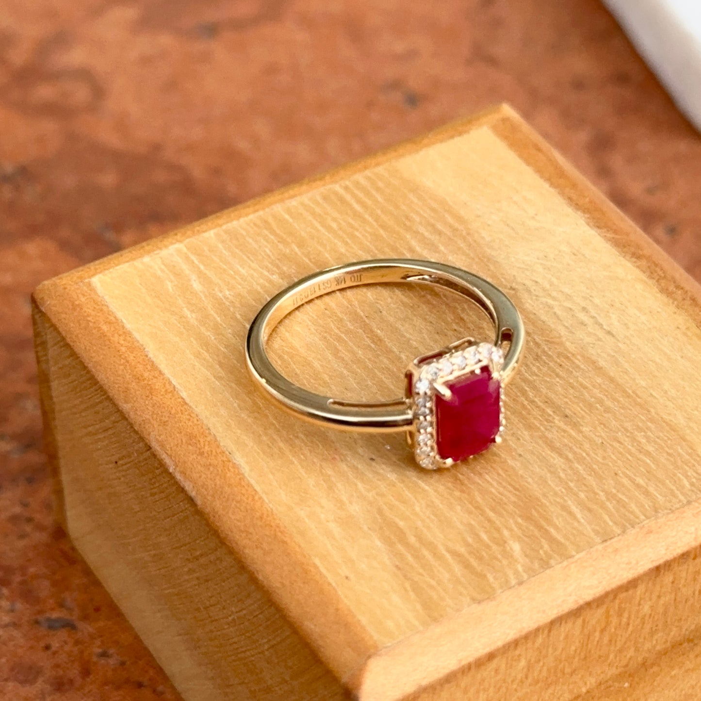 Estate 14K Yellow Gold Emerald-Cut Ruby + Round Diamond Halo Ring