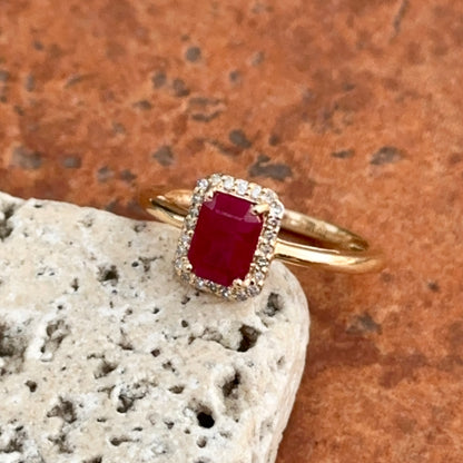 Estate 14K Yellow Gold Emerald-Cut Ruby + Round Diamond Halo Ring