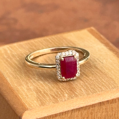 Estate 14K Yellow Gold Emerald-Cut Ruby + Round Diamond Halo Ring