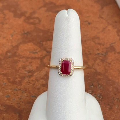 Estate 14K Yellow Gold Emerald-Cut Ruby + Round Diamond Halo Ring
