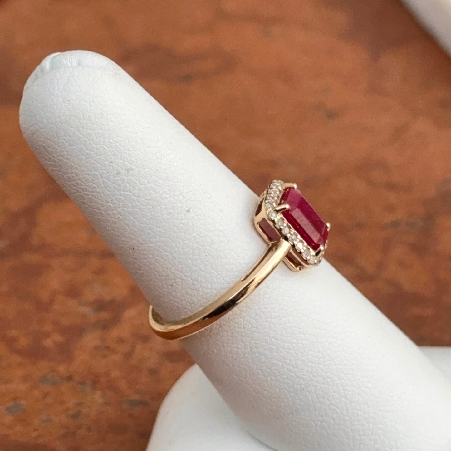 Estate 14K Yellow Gold Emerald-Cut Ruby + Round Diamond Halo Ring