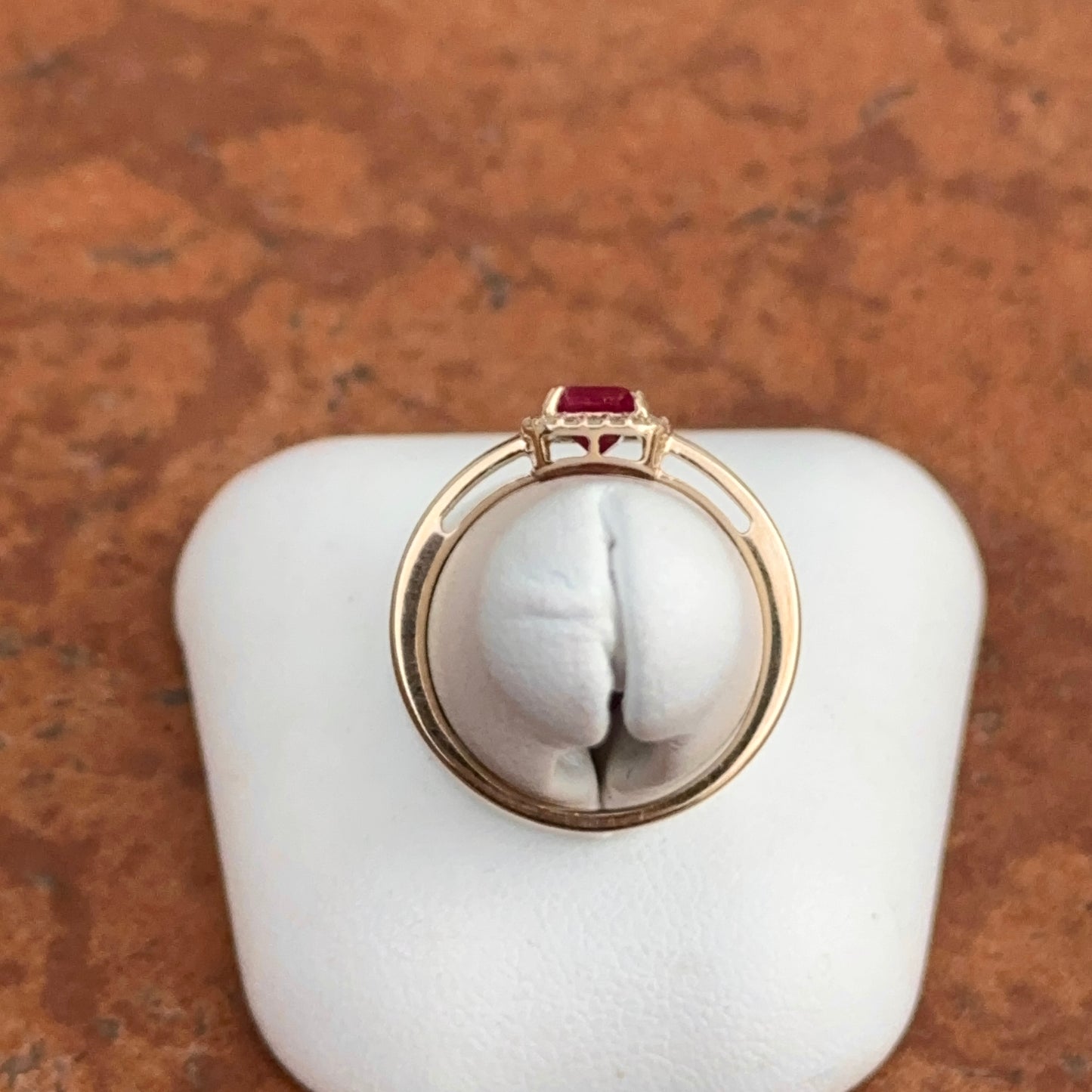 Estate 14K Yellow Gold Emerald-Cut Ruby + Round Diamond Halo Ring