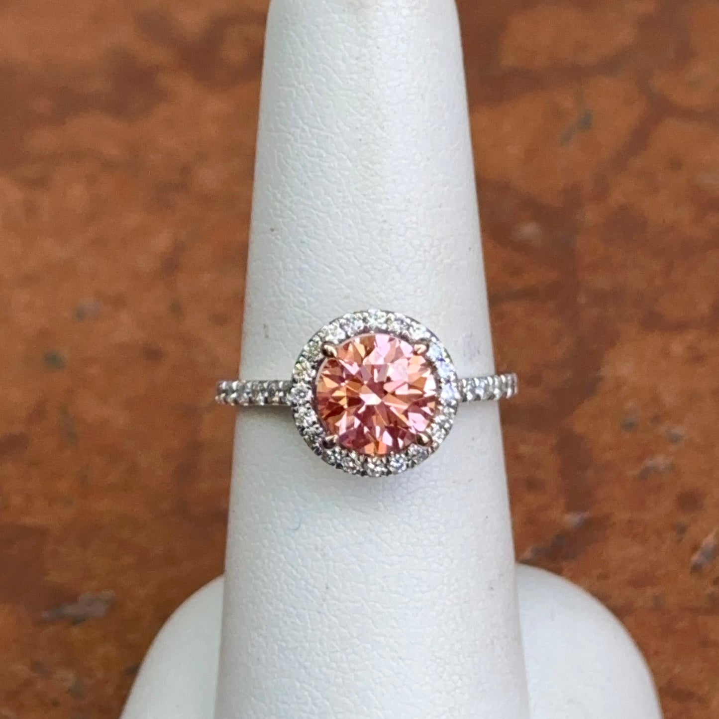 14KT White Gold 1.75 CT Round Fancy Pink Lab Diamond Halo Ring