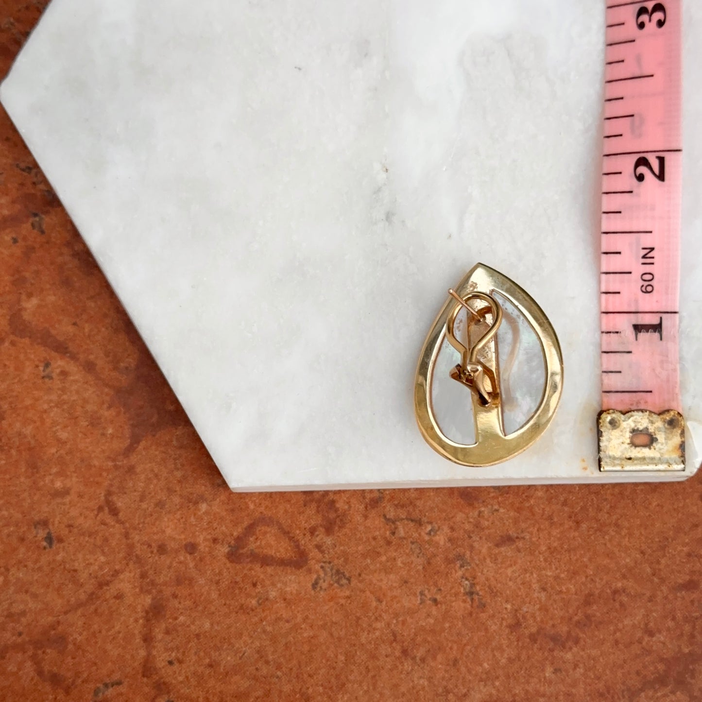 Estate 14KT Yellow Gold Teardrop Mabe Pearl + Mother of Pearl Omega Earrings