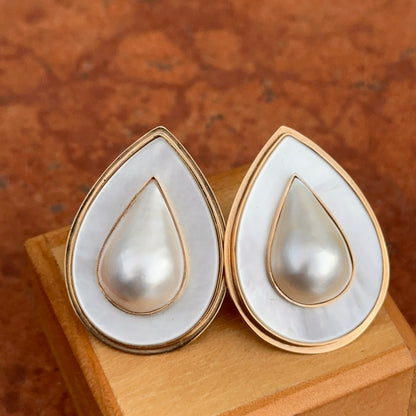 Estate 14KT Yellow Gold Teardrop Mabe Pearl + Mother of Pearl Omega Earrings