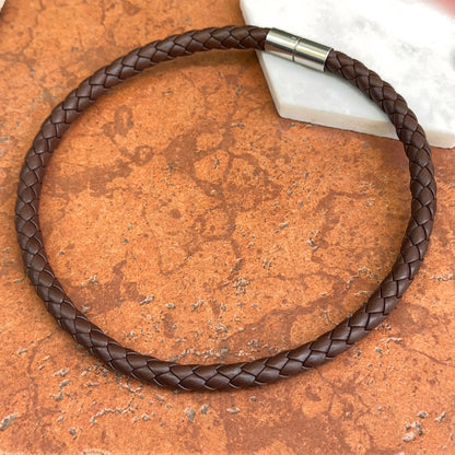 Stainless Steel 10mm Dark Brown Braided Leather Necklace
