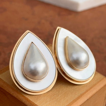Estate 14KT Yellow Gold Teardrop Mabe Pearl + Mother of Pearl Omega Earrings