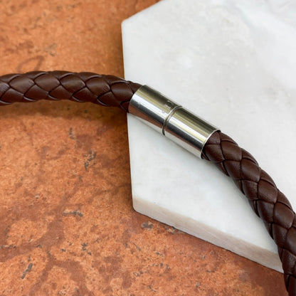 Stainless Steel 10mm Dark Brown Braided Leather Necklace