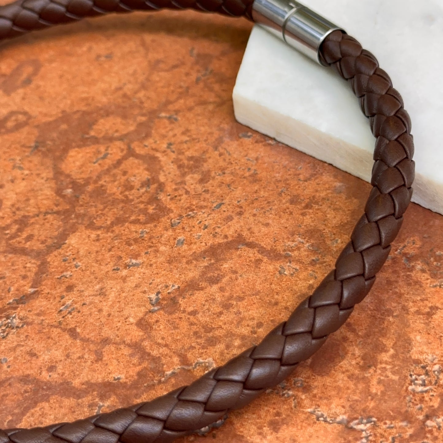 Stainless Steel 10mm Dark Brown Braided Leather Necklace