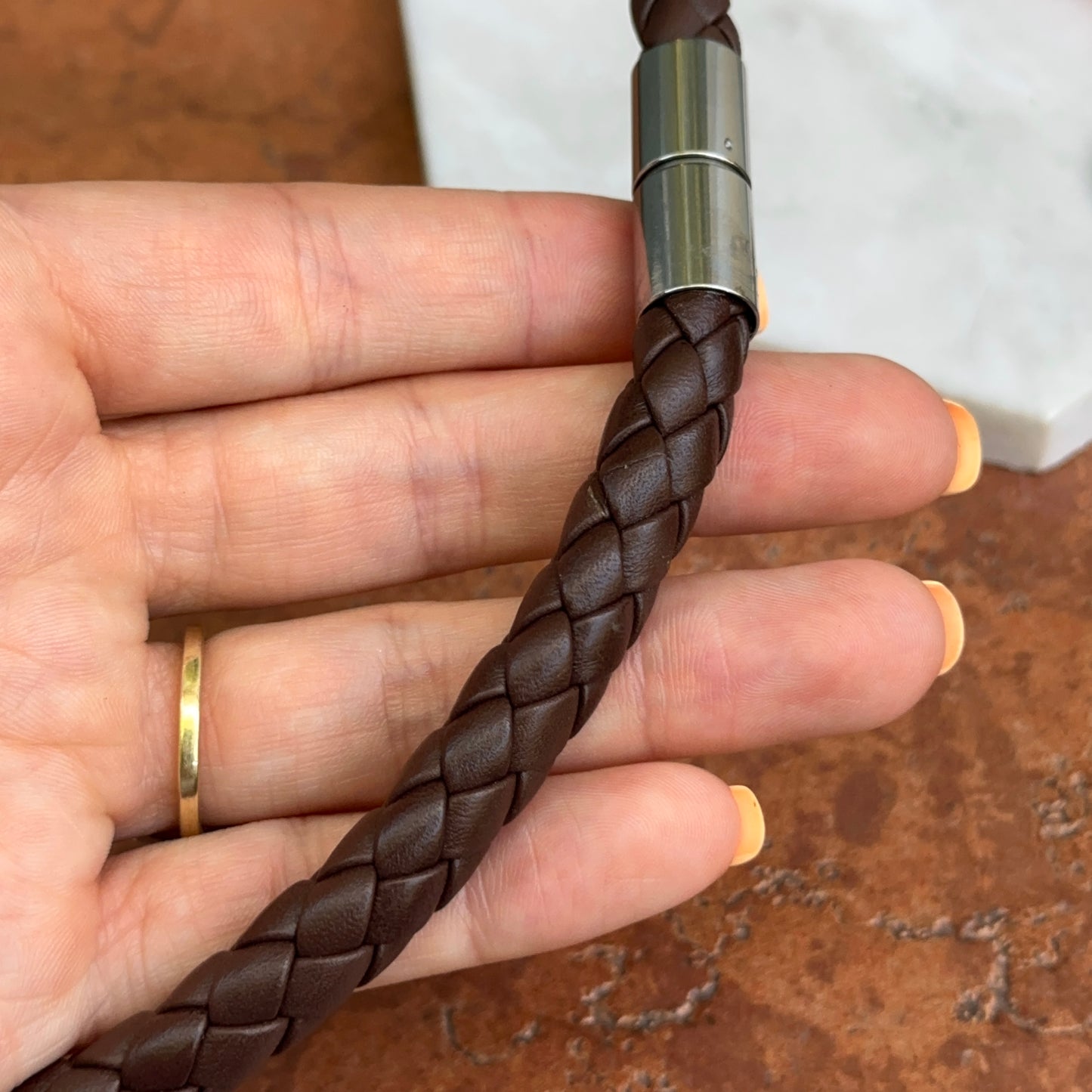 Stainless Steel 10mm Dark Brown Braided Leather Necklace