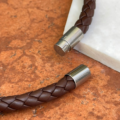 Stainless Steel 10mm Dark Brown Braided Leather Necklace