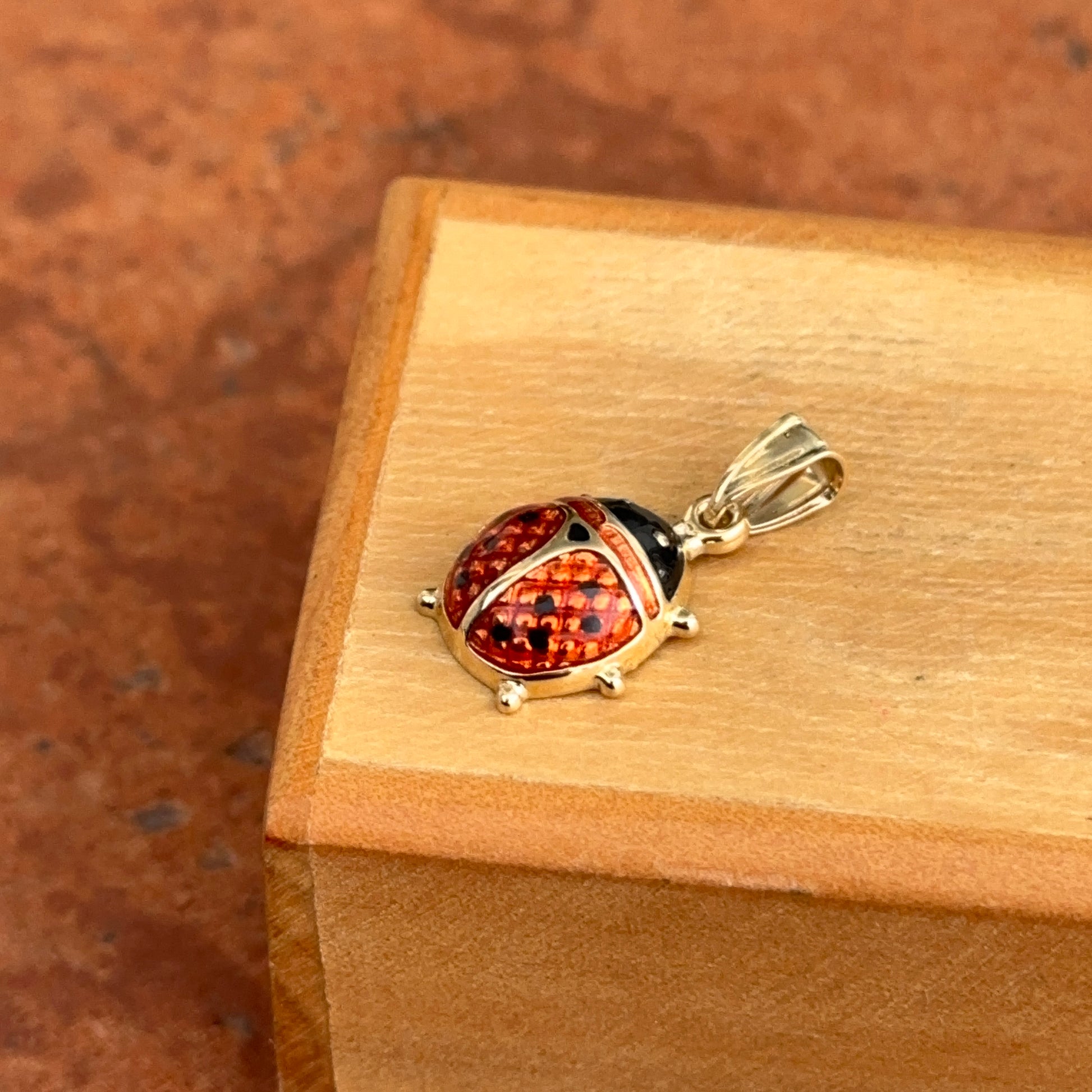 14KT Yellow Gold + Red Enamel Ladybug Pendant Charm - LSJ