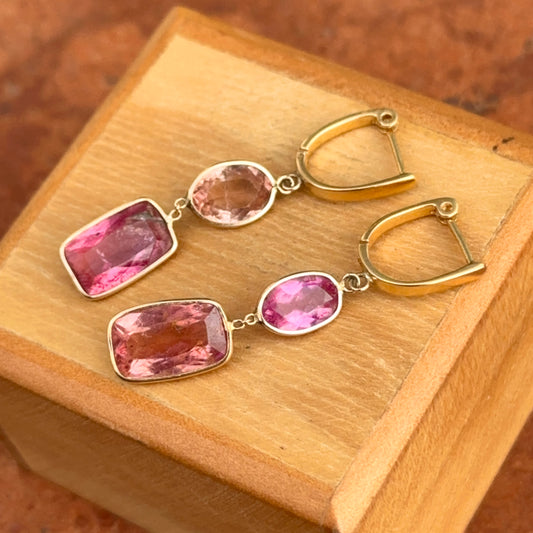 Estate 14KT Yellow Gold Bezel Set Bi Color Pink Topaz Dangle Earrings