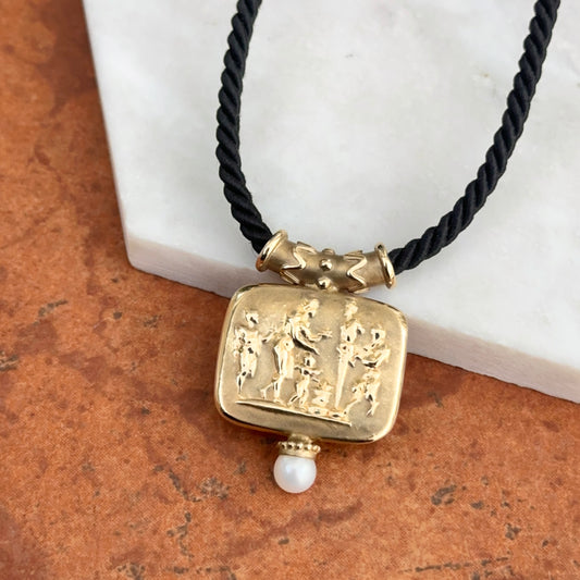 Estate 14KT Yellow Gold Pearl Byzantine Relief Pendant + Black Silk Cord Necklace
