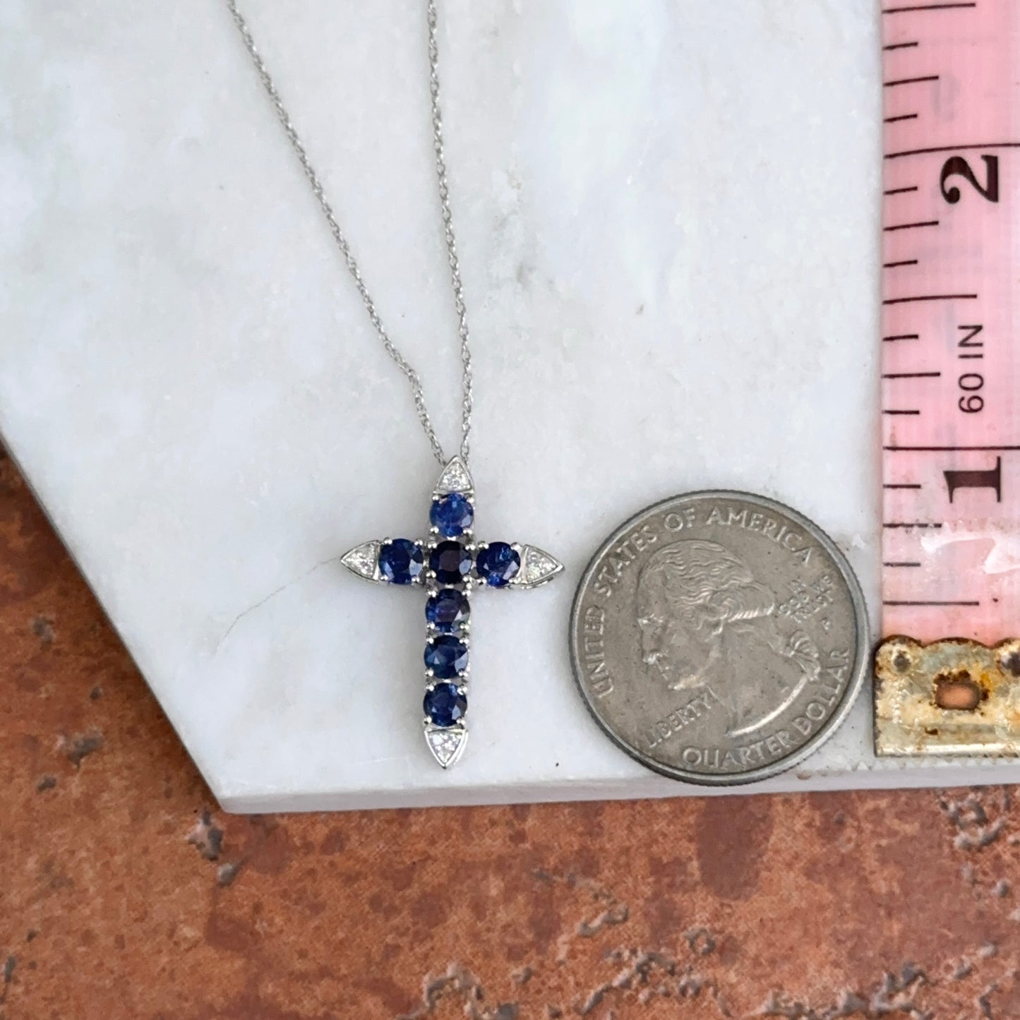 14KT White Gold Blue Sapphire + Diamond Cross Necklace