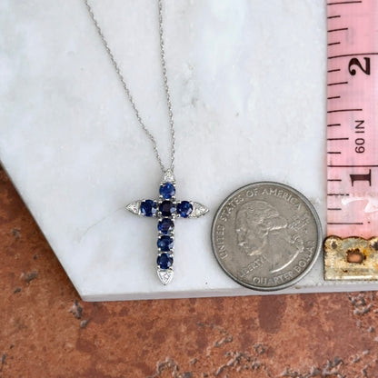 14KT White Gold Blue Sapphire + Diamond Cross Necklace