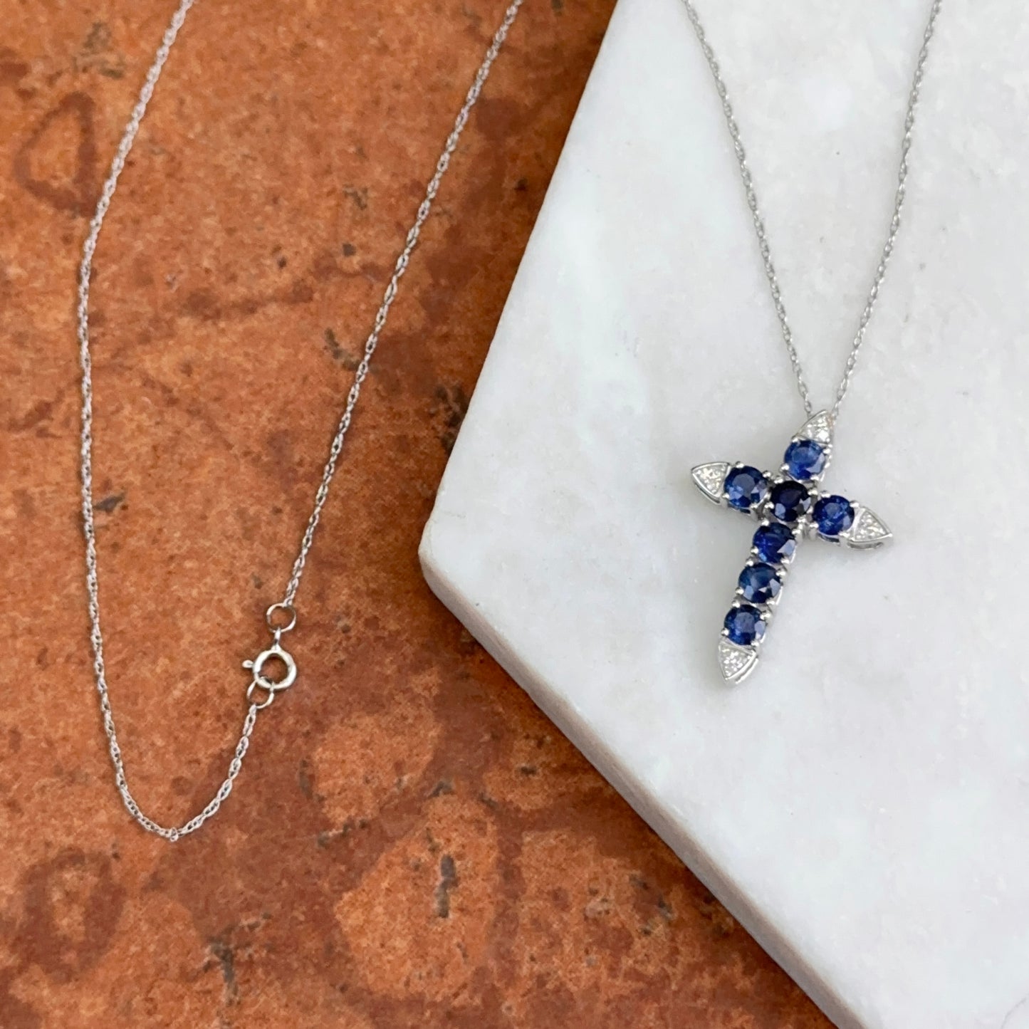 14KT White Gold Blue Sapphire + Diamond Cross Necklace