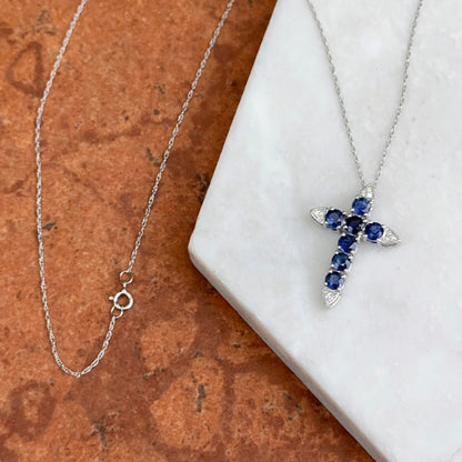 14KT White Gold Blue Sapphire + Diamond Cross Necklace
