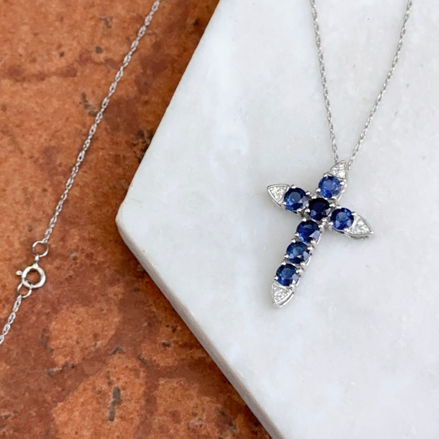 14KT White Gold Blue Sapphire + Diamond Cross Necklace