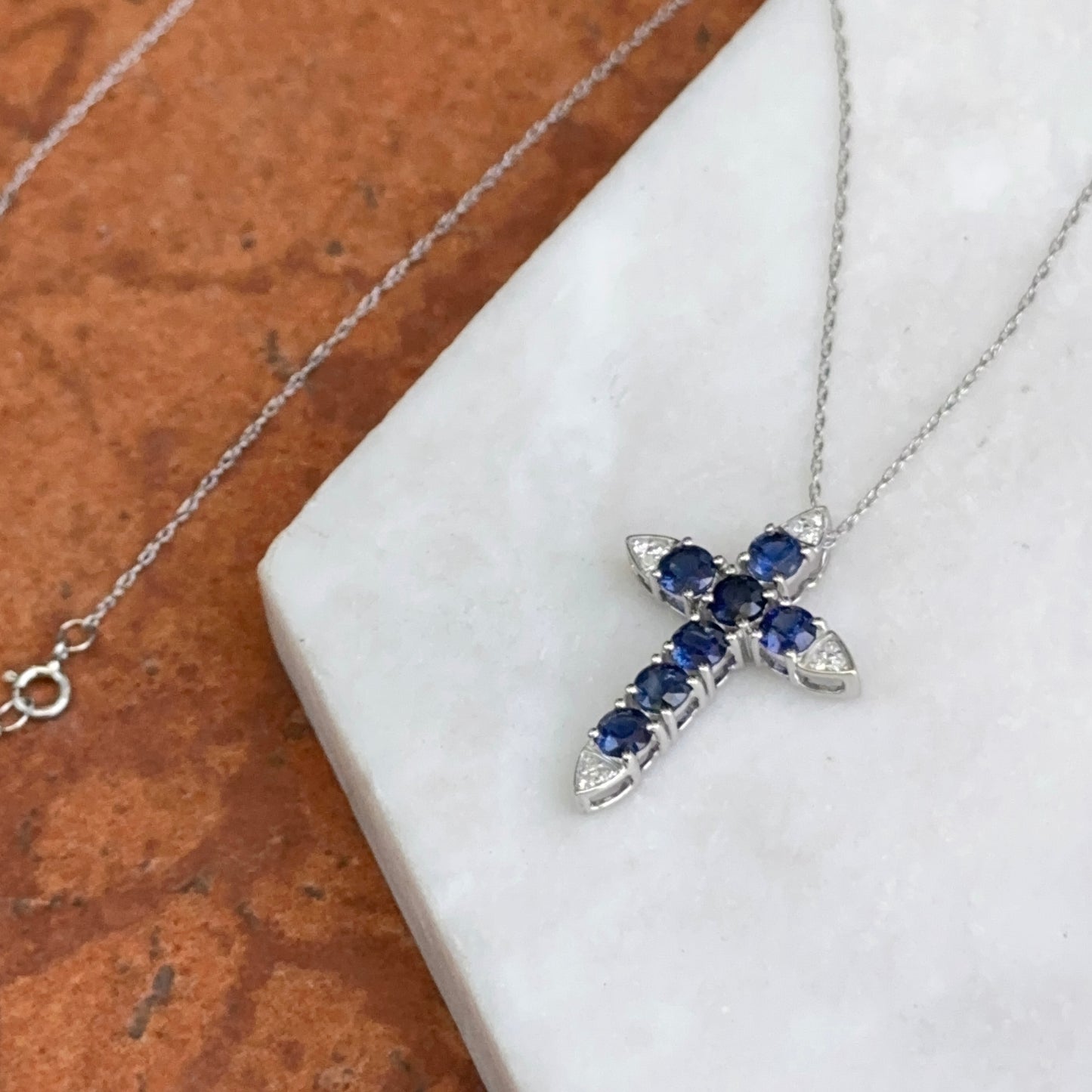 14KT White Gold Blue Sapphire + Diamond Cross Necklace