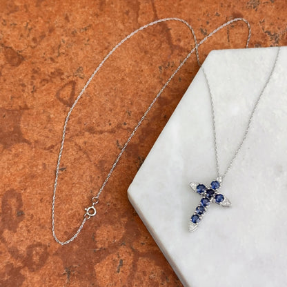 14KT White Gold Blue Sapphire + Diamond Cross Necklace