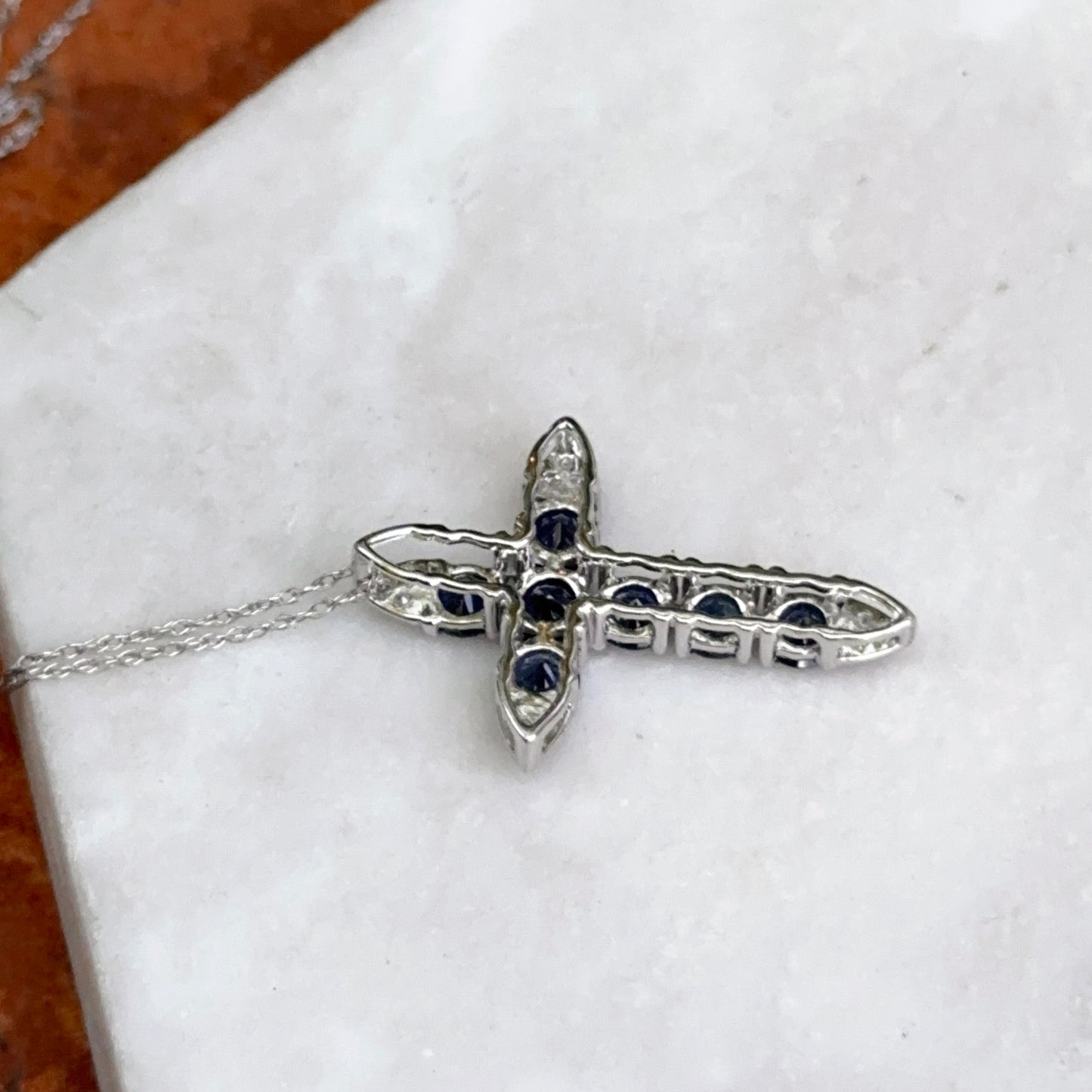 14KT White Gold Blue Sapphire + Diamond Cross Necklace