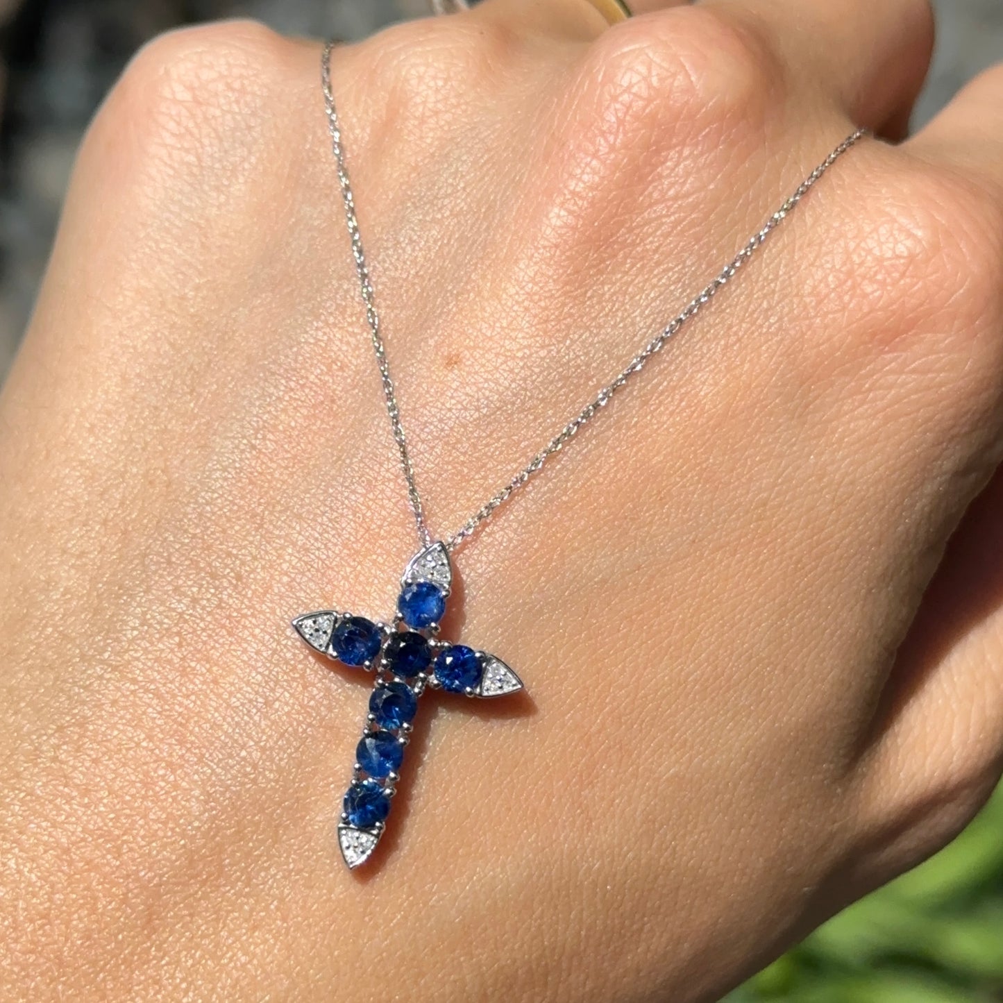 14KT White Gold Blue Sapphire + Diamond Cross Necklace