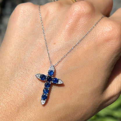 14KT White Gold Blue Sapphire + Diamond Cross Necklace