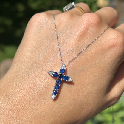 14KT White Gold Blue Sapphire + Diamond Cross Necklace